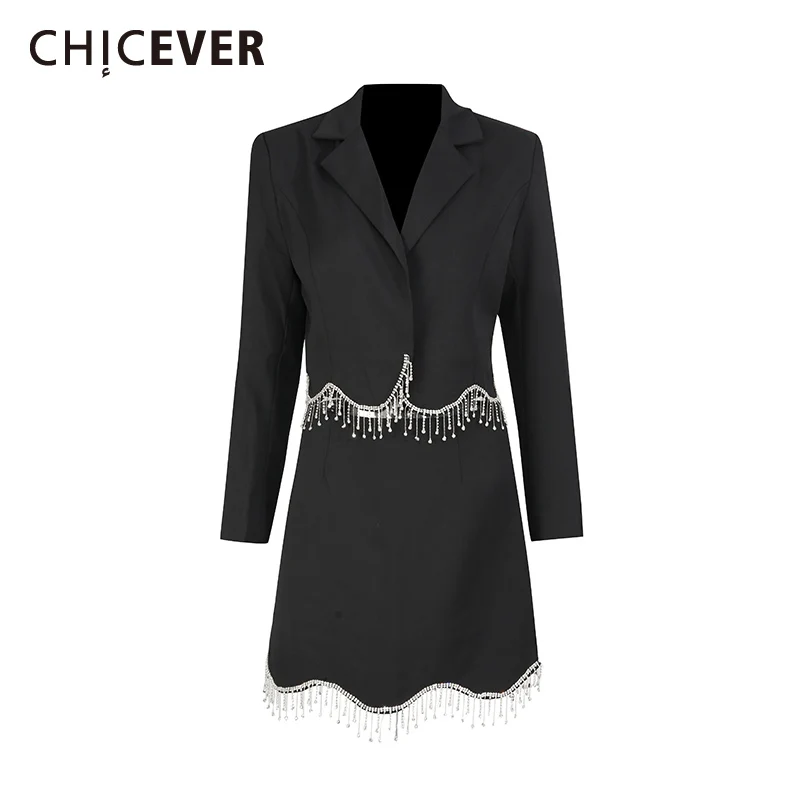 

CHICEVER Solid Spliced Tassel Two Piece Set Female Lapel Long Sleeve Jacket Commute Elegant Women's Skirt Sets Autumn Fashion