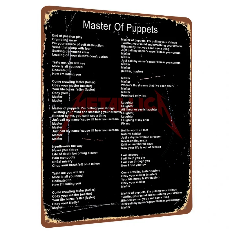 Master of Puppets Metallica Lyrics Custom Metal Wall Art for Music Fans Home Decor