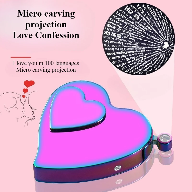 Windproof gas electric dual-purpose heart-shaped lighter with micro carved projection butane inflatable lighter for girlfriend