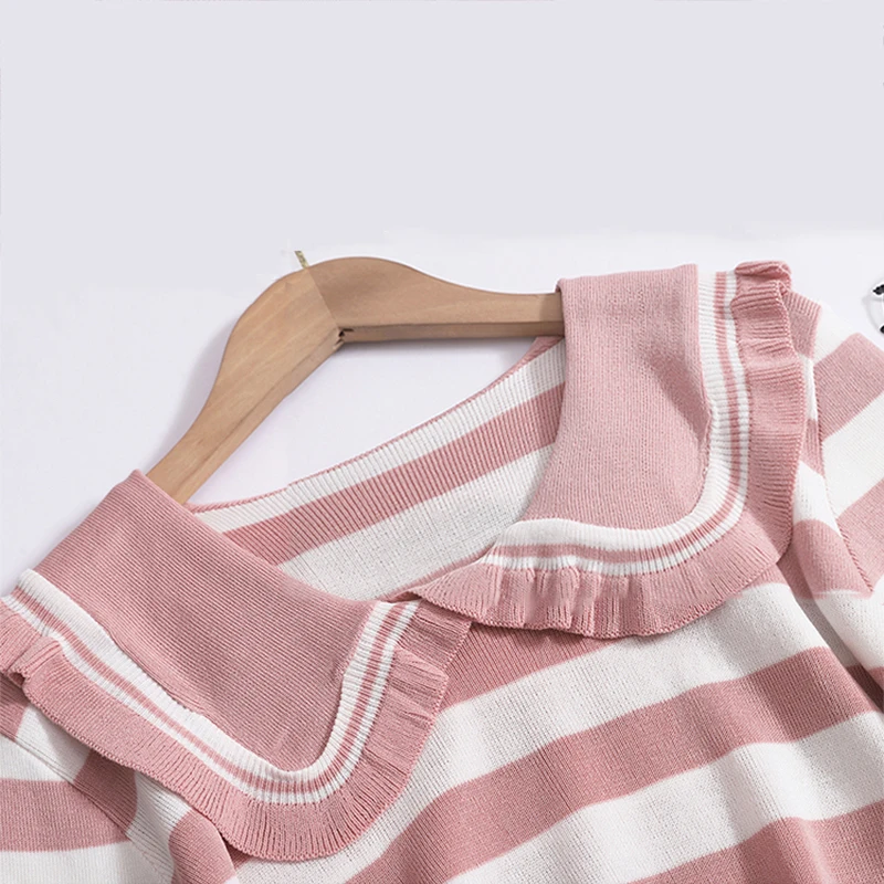 Women Summer Sweet Sailor Collar Tops Stripes Thin Short Sleeved Pullover Elastic Loose Casual T-shirt Spring Chic Knit Shirt