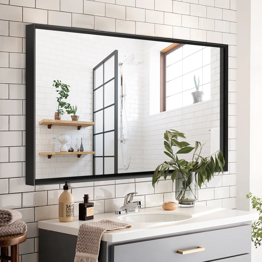 Bathroom Mirror 40x30inch Modern Rectangular Wall-Mounted Square Corner Vanity Mirror With Metal Frame For Living Room Entryway