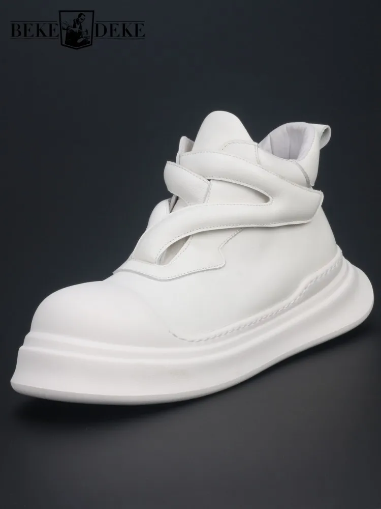 

Fashion Mens Thick Platform Cowhide Genuine Leather Ankle Boots Round Toe Hip Hop Man Casual Shoes New Designer Outside Boots