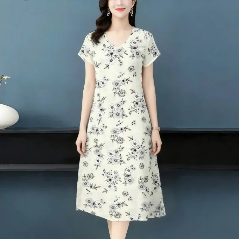 Women's Light Yellow Black Floral Print Short Sleeve V-neck Midi Dress Elegant Casual Loose Daily Wear