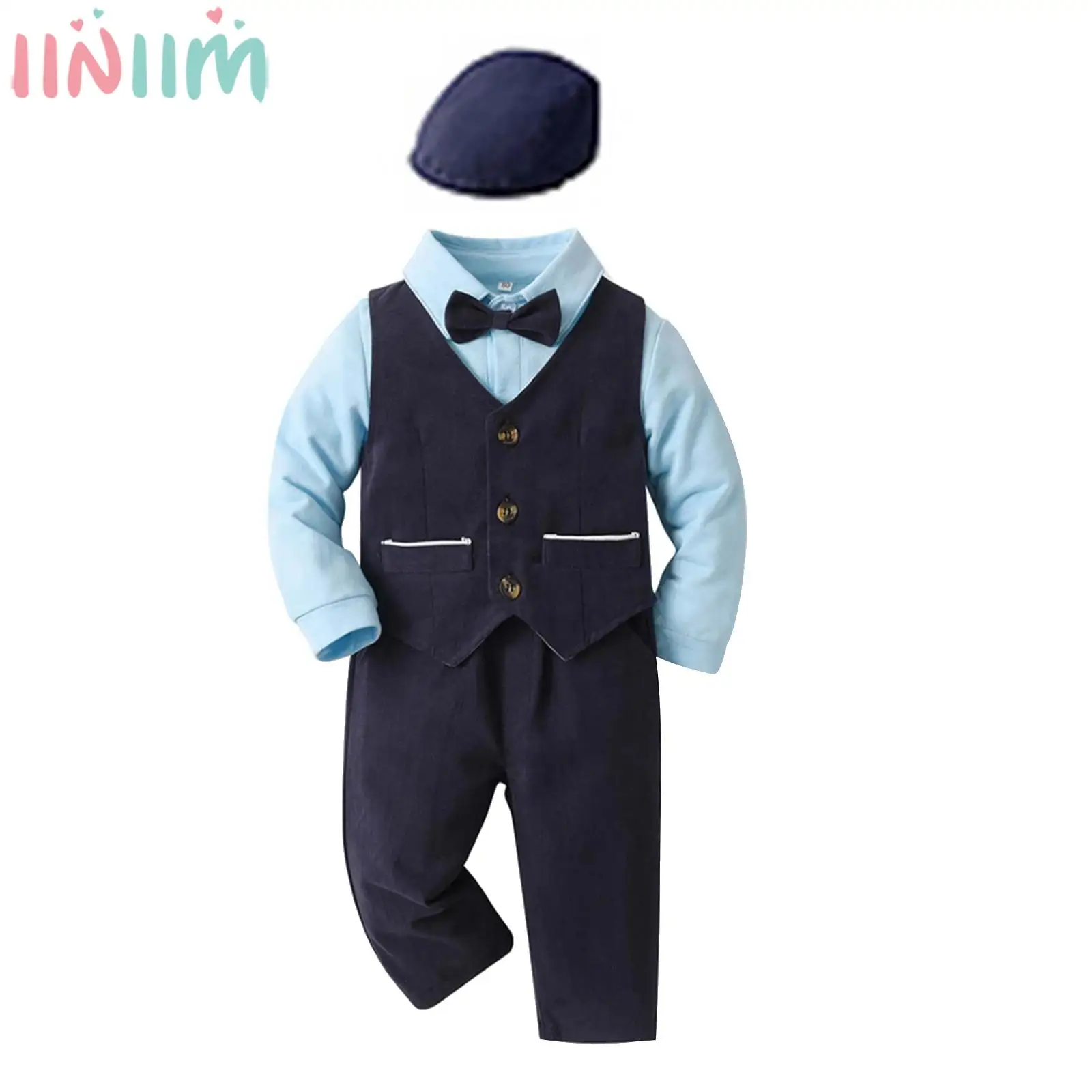 Baby Boys Elegant Gentleman Suit Long Sleeve Romper with Bow Tie Waistcoat Pants Birthday Wedding Party Evening Formal Outfit