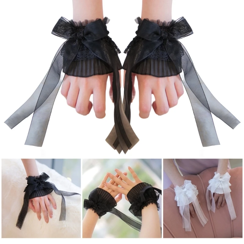 

Lolita Girls Sweet Wrist Cuffs Lace Bows Ribbon Pleated False Sleeves Ornaments Detachable Tulle Flared Cuffs Sweater Wristband