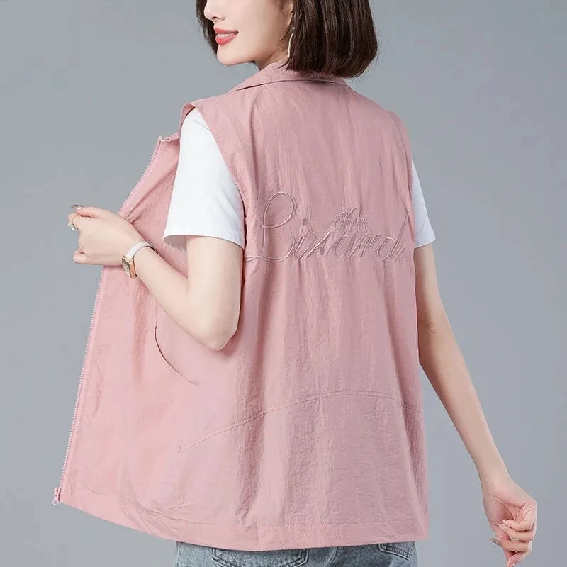 

Summer Thin Pink Vest Women 4XL Double Layer Lined Casual Sleeveless Jacket Cardigan Basic Zipper Waistcoat 2023 Sunscreen Vest