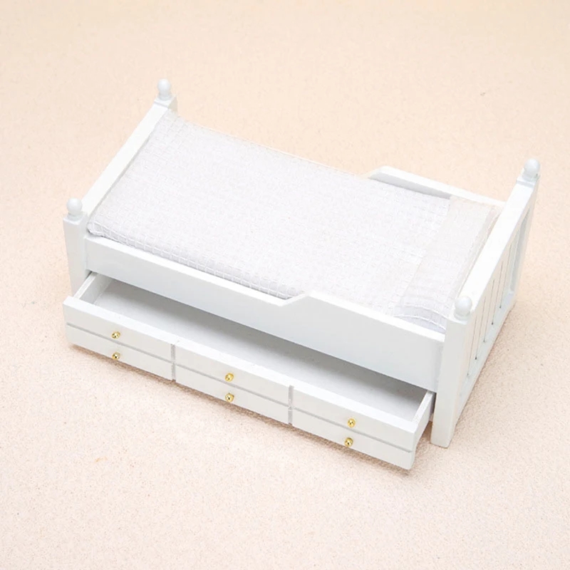 Lit Miniature pour maison de poupée 1:12, lit simple européen blanc avec tiroir, meubles de chambre à coucher, modèle de décoration, jouet, accessoires pour maison de poupée