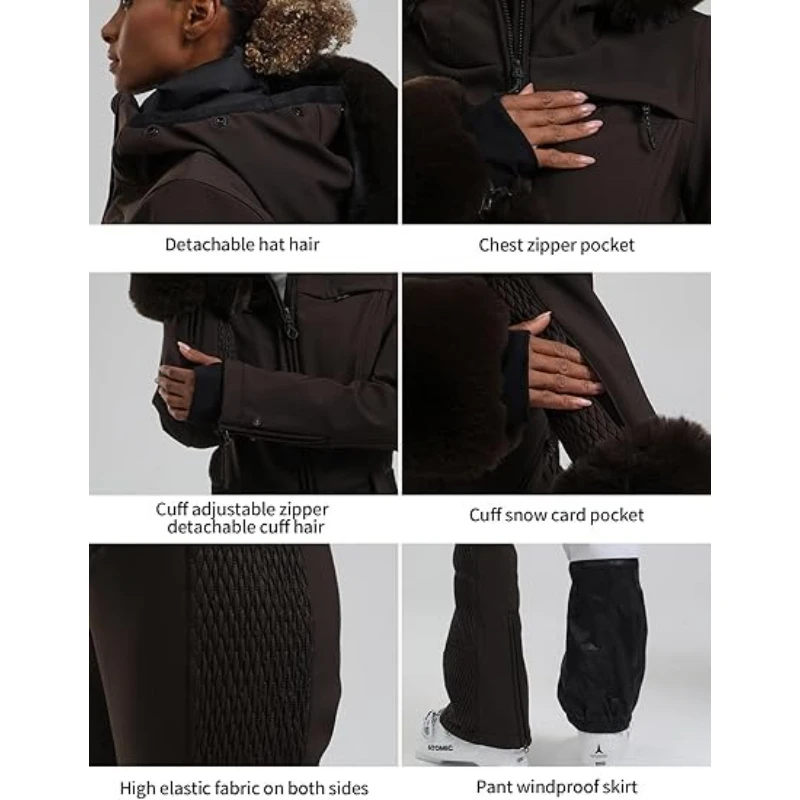 2025 GSOU SNOW المرأة طويلة الأكمام مقاوم للماء يندبروف التزلج عموما الإناث أنيقة سكيت بذلة فو الفراء الزي الشتاء