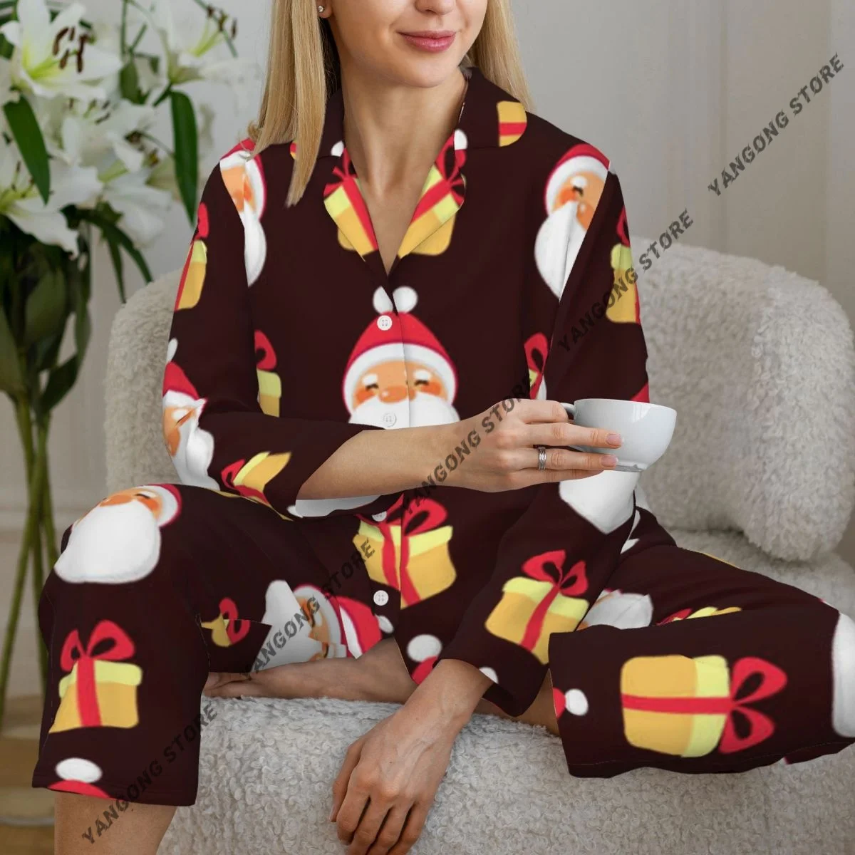 

Women Sleepwear Pajamas Cute Santa Claus With Gift Box Pattern Long Sleeve Pijama Female Set Negligee Cardigan Suit