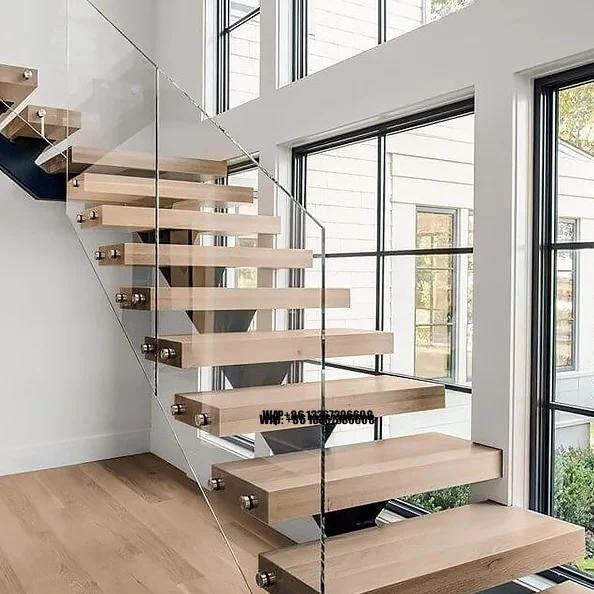 Wooden Tread Modern Floating Staircase Stair Design Modern American Decorative Indoor Solid  Floating Stairs Invisible