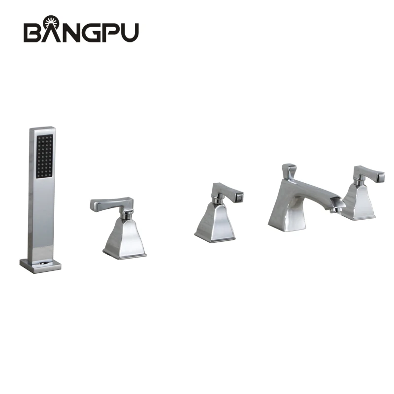 

Deck Mount Bath Tub Faucet with Hand Shower Modern 5 Hole Bathroom Tub Faucet Set Roman Bathtub Faucet Set with Sprayer Chrome