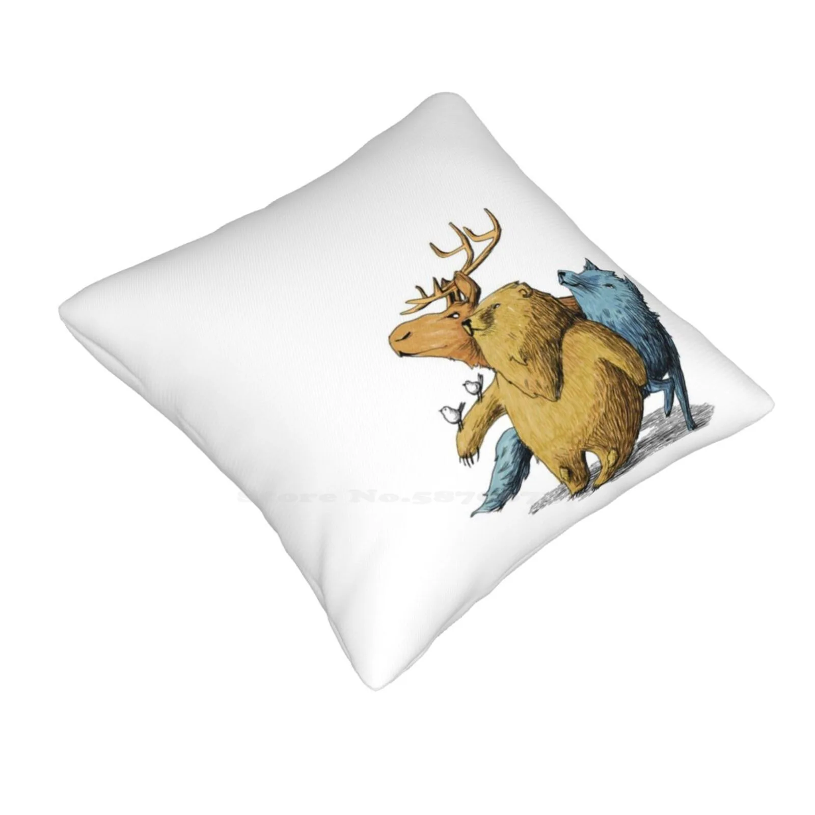 Five Friends Pillow Cover Hug Pillowcase Moose Elk Deer Antlers Bear Wolf Bird Dove Pigeon Woodland Forest Creatures Animals