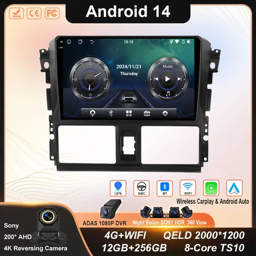 Android 14 Carplay Auto para Toyota Vios Yaris 2013 2014 2015 2016 Radio de coche reproductor de navegador Multimedia estéreo WIFI 4G No 2DIN