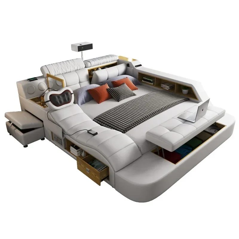 

hot selling Master bedroom modern minimalist massage leather double bed 1.8m intelligent projector wedding bed