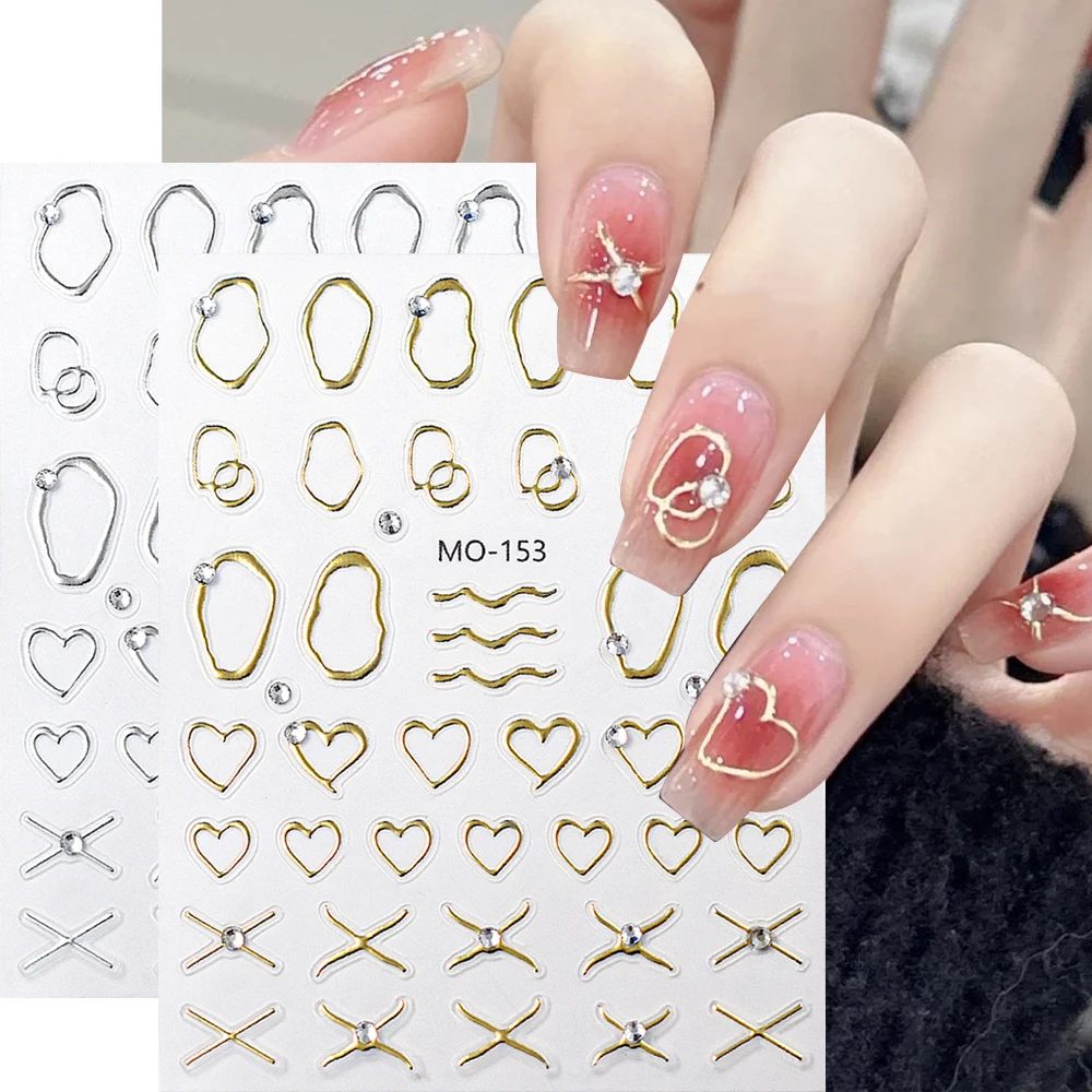 2pcs Gold Silver Strips 3D Nail Art Stickers With Rhinestones Simple Metallic Lines Mirror Nail Decals Decorations DIY Manicure