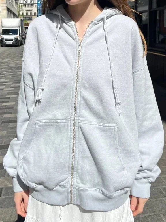 Women Blue Simple Oversized Hoodie Autumn Pocket Cotton Drawstring Hooded Sweatshirt Female Streetwear Solid Zip-up Sweatshirts