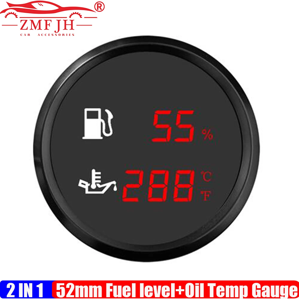 Custom Red LED Digital Dual Gauge 0-190ohm 52MM Fuel Level Gauge+Oil Temperature Meter 50-150℃,122-302℉ with Flashing Alarm Car