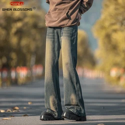 American retro washed denim jeans for men's autumn new style with pleated slightly flared cuffs casual loose straight leg pants