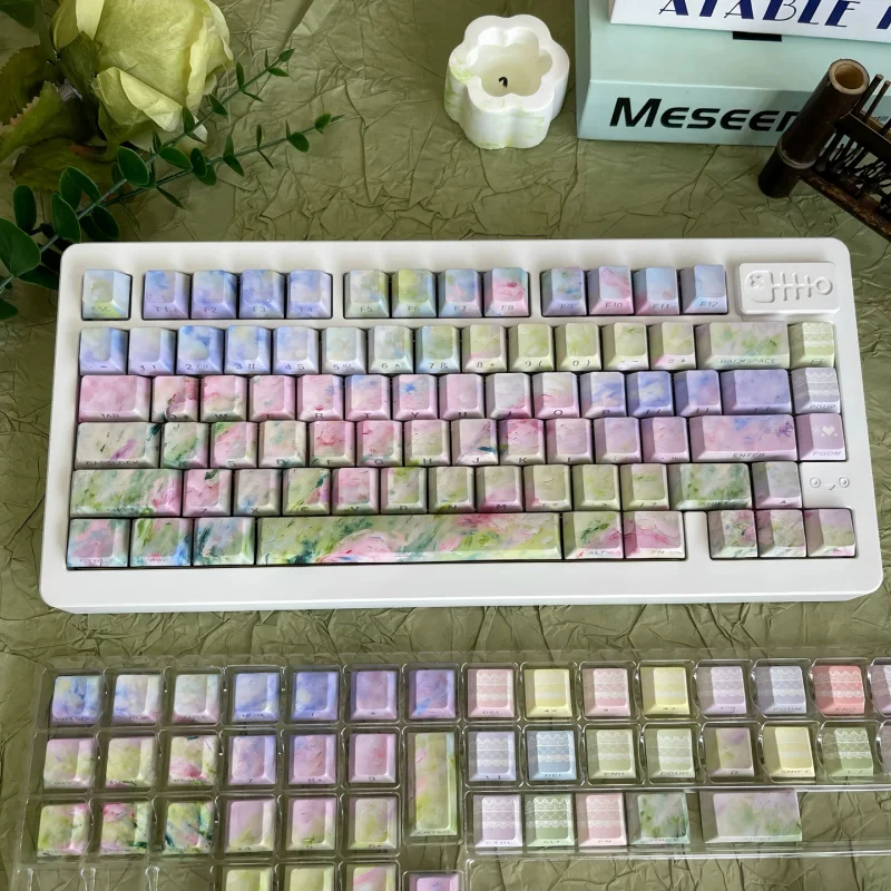 

Oil Painting Spring Custom Keycaps Set,130 Keys Cherry Profile Side Print Shine Through Key Caps For MX Mechanical Keyboard