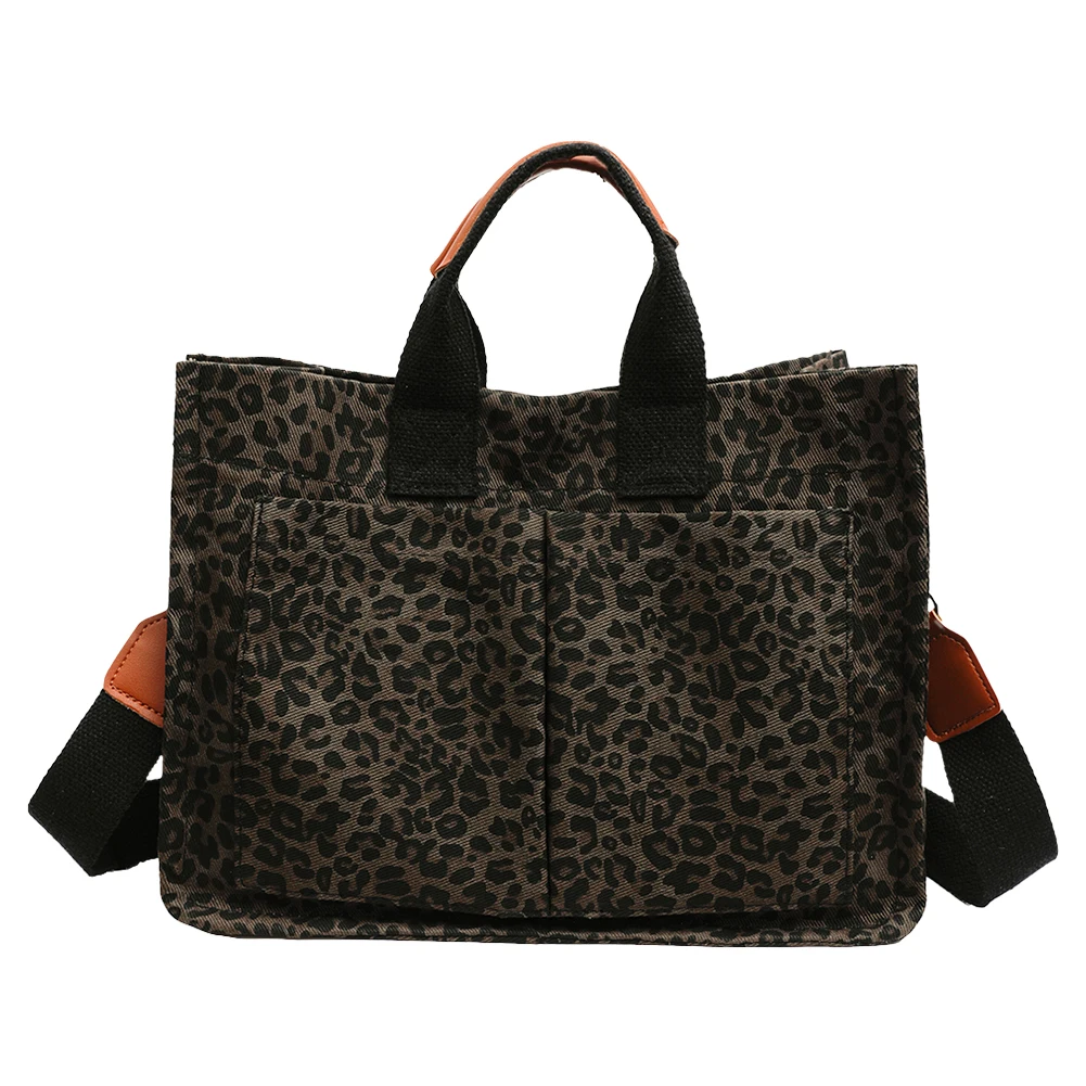 

Canvas Tote Bag with Pockets Leopard Print Shoulder Bag Work Bags Casual Briefcase for Women Travel Office School