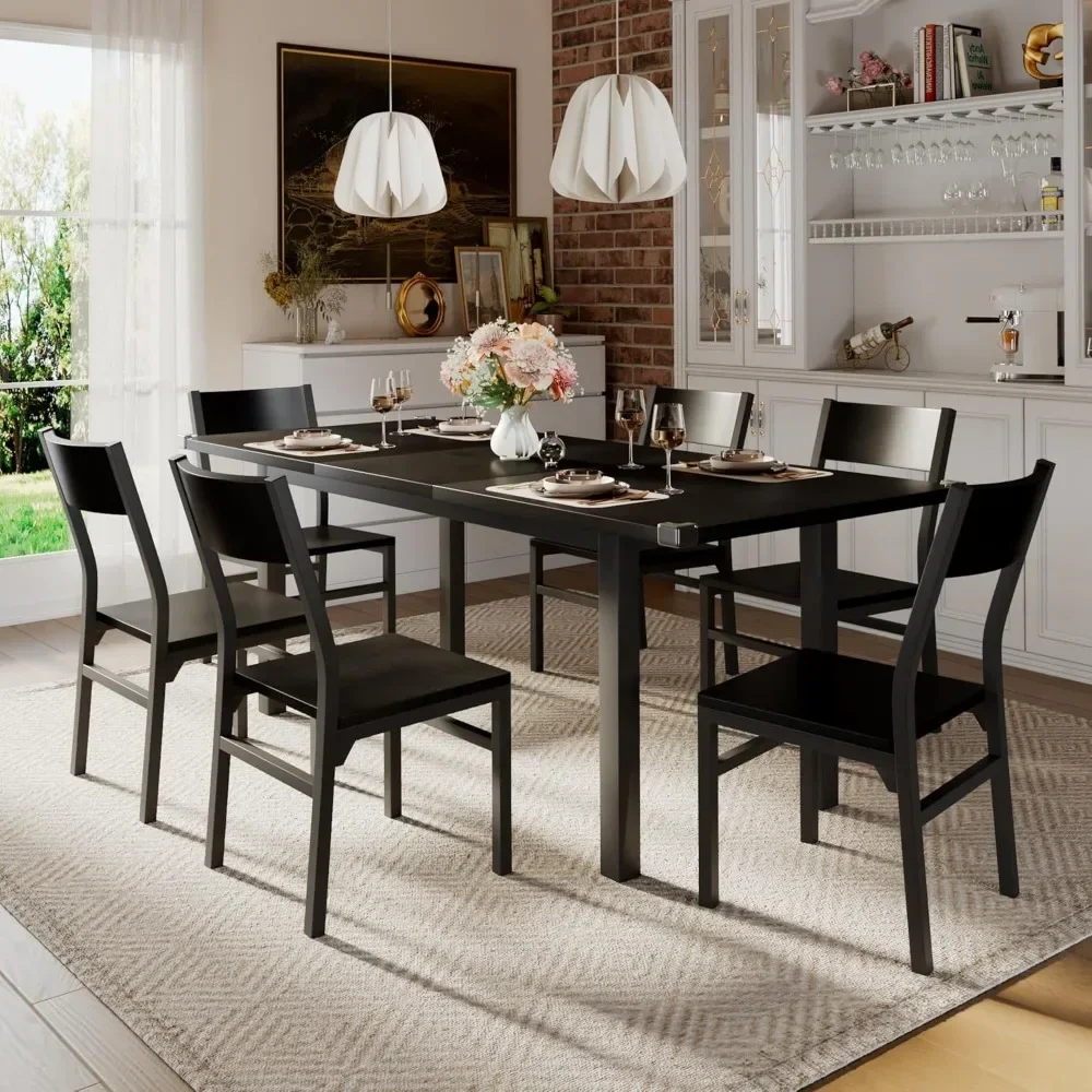 

7-Piece Dining Table & Chairs Set, 63" Extendable Kitchen Table with 6 Chairs, Dining Room Table with Metal Frame & MDF Board