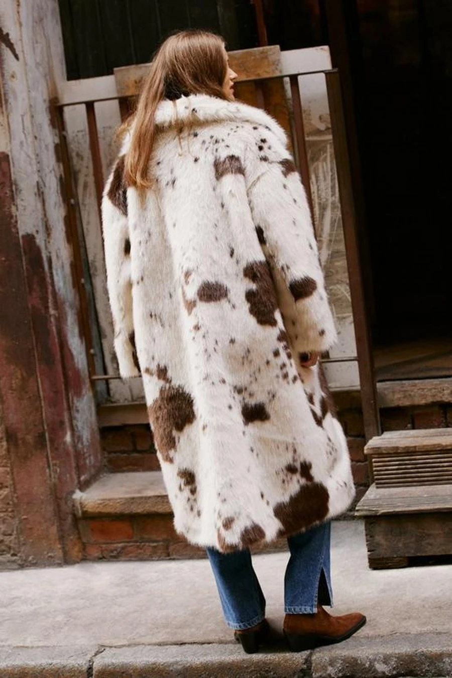 Hot New Faux Fur Coat Cow Pattern Thickened Comfortable Lapel Mid-Length Women's Faux Fox Fur Coat