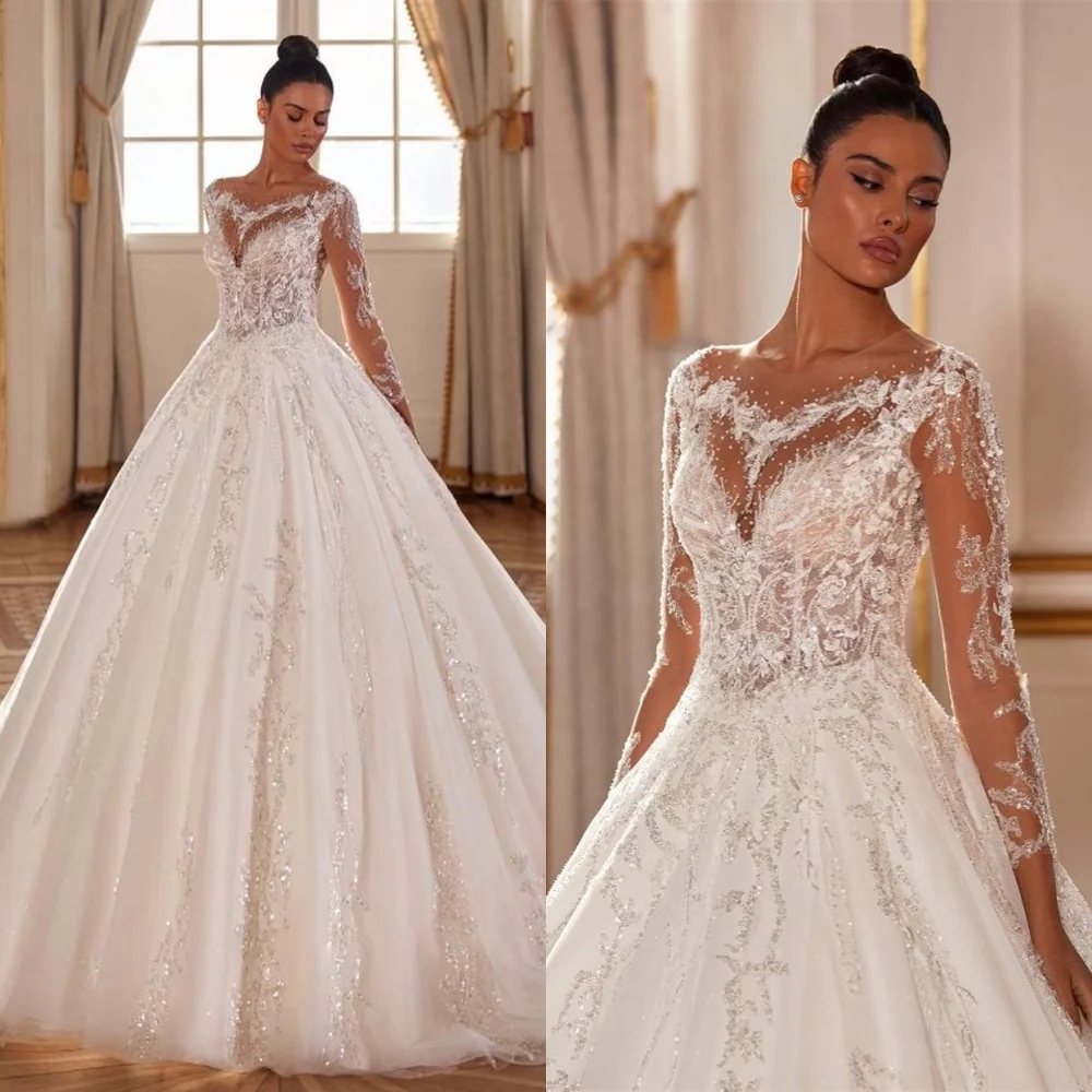 

Customized Exquisite White Organza Wedding Dress Elegant Scoop 3/4 Sleeves Vestido De Novia Delicate Sequined Bridal Gowns