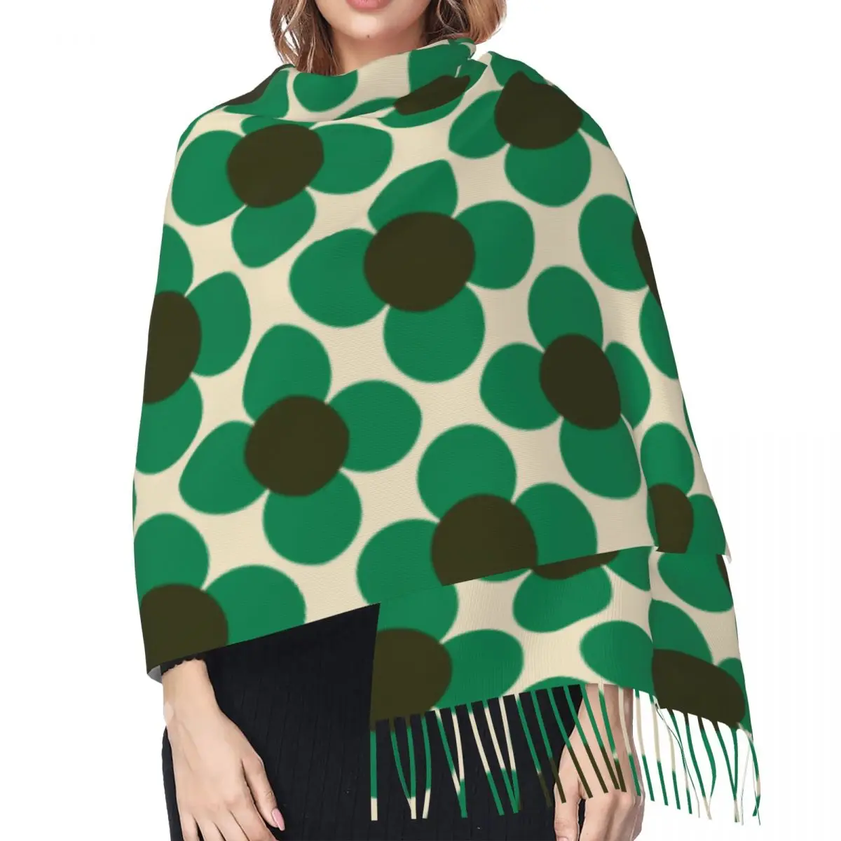 Custom Print Retro Flower Emerald Orla Kiely Tassel Scarf Women Soft Shawls Wraps Female Winter Fashion Versatile Female Scarves