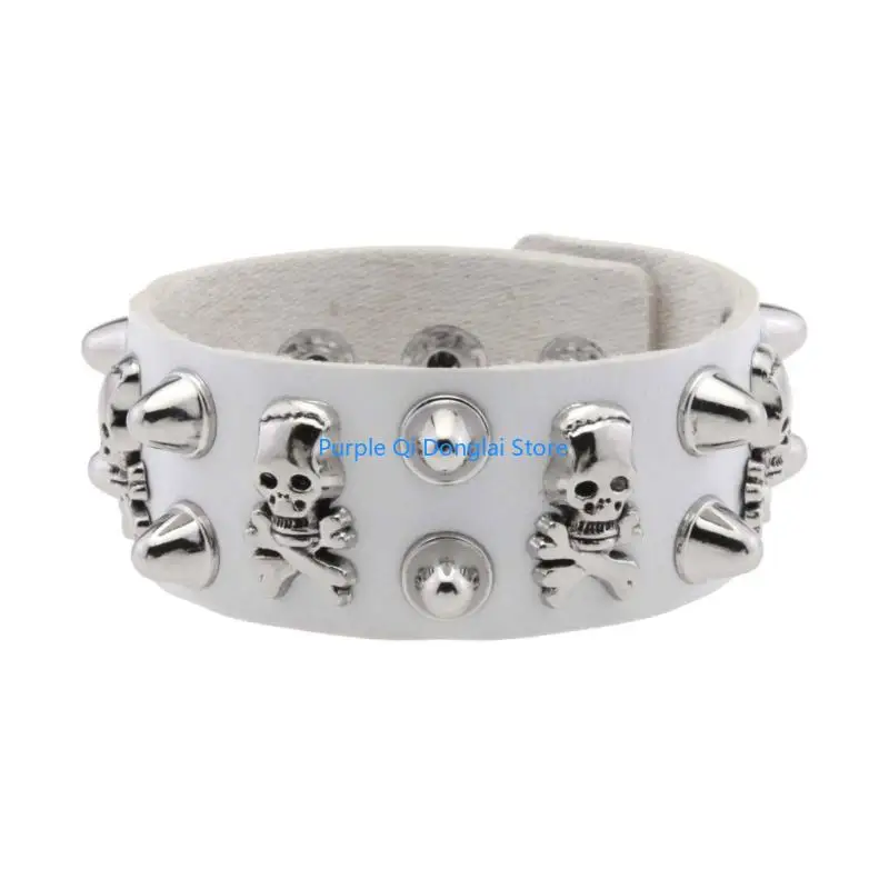 L21E Edgy PU Leather Cuff Featuring Gothic Skull Metal Rivets for Stage Performances and Rock Fashion Enthusiasts