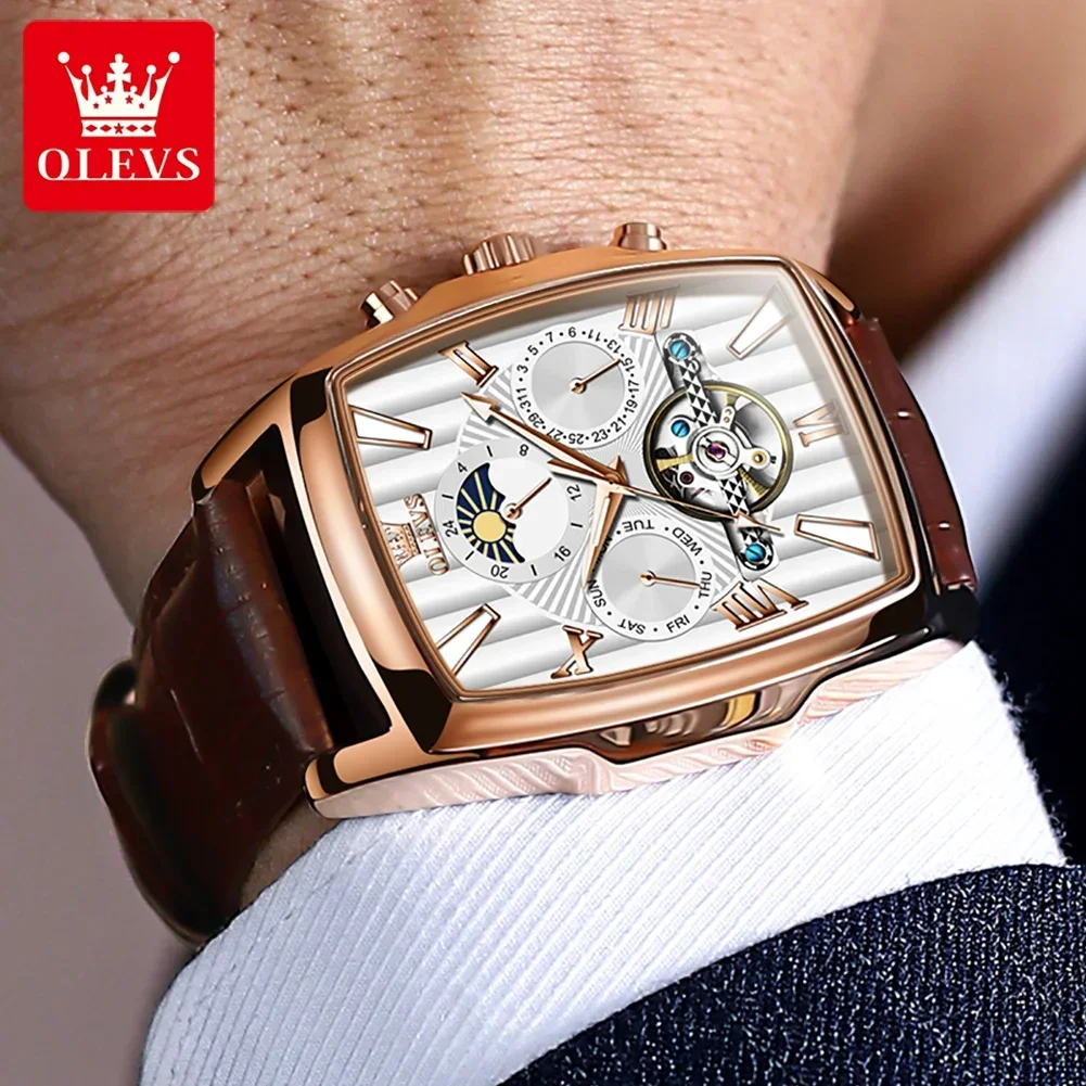 OLEVS Automatic Mechanical Men\'s Watch Original Leather Strap Date Square Dial Waterproof Luminous Wristwatch Relogio Masculino