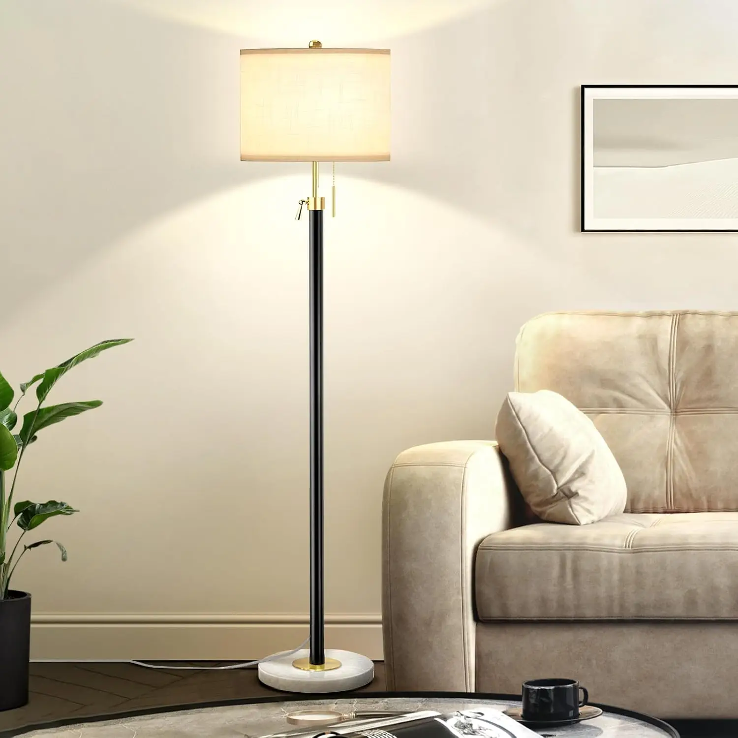 

Adjustable Tall Floor Lamp for Living Room Bedroom Office, 3-Way Dimmable with Marble Base and White Linen Shade in Black Gold