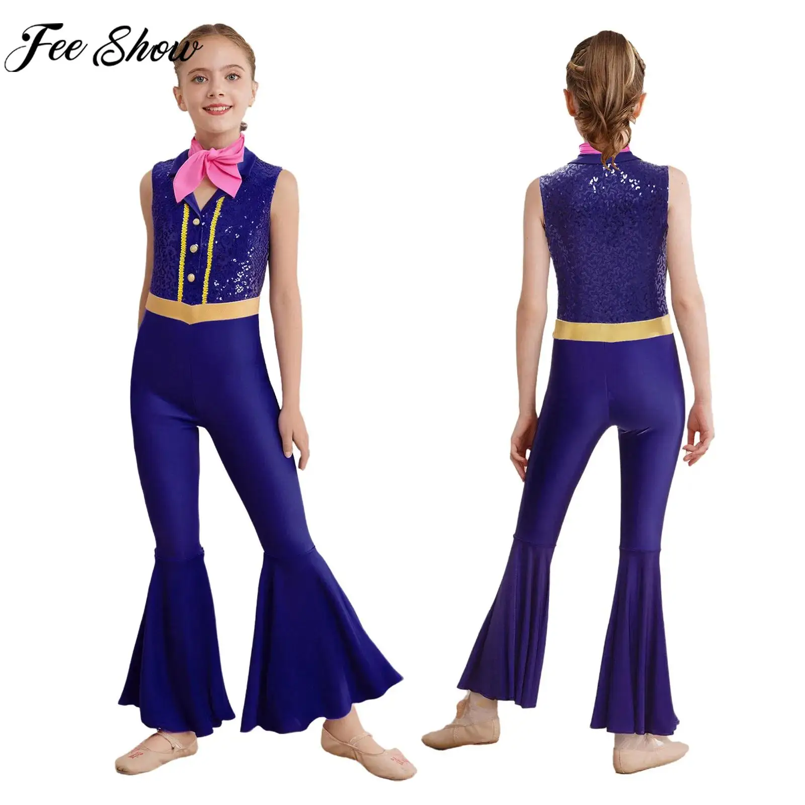 Dziecięcy dziewczęcy kombinezon do tańca jazzowego z błyszczącymi cekinami, bez rękawów, z kołnierzykiem, rozkloszowany strój z szalikiem, trykot gimnastyczny na imprezę szkolną.