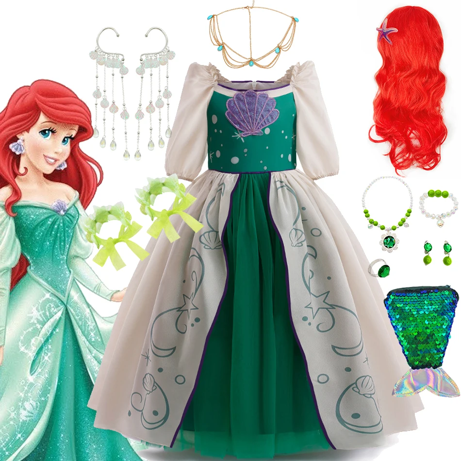 

Disney The Little Mermaid Dress Girl Cartoon Movie Princess Ariel Role Playing Costume Halloween Luxury Fluffy Green Fairy Gowns