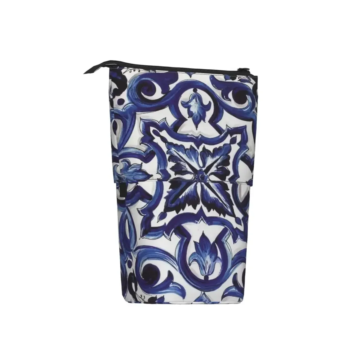 Blue Ornate Floral Mediterranean Sicilian Tile Reversible Pencil Case Pen Holder Storage Pencil Bag for Boy Girl School