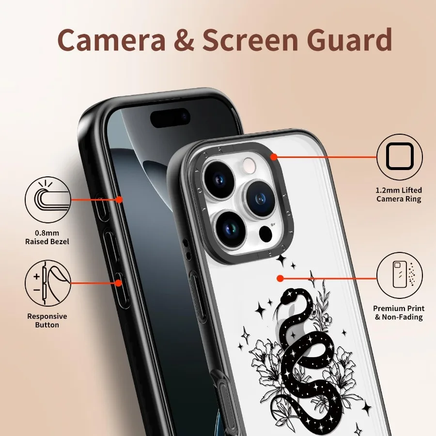 iPhone 16 Pro ケース - [6.6フィートの軍事グレード落下保護] [剥がれ防止技術] クリアブラックTPUバンパーケース (A Snake)