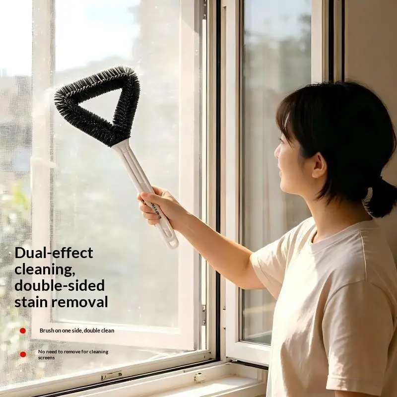 Triangular Head Window Screen Cleaning Brush Double Sided Cleaning Washable Mesh Window Cleaner Hanging Handle Durable