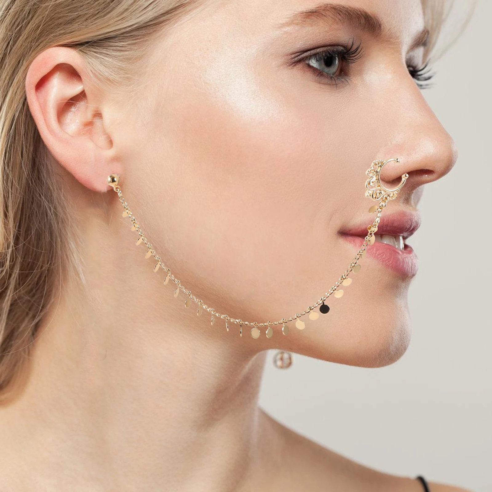 

Dangle Hoop Women Hoop Dangle Chain To Earrings With Chain Ladies Nose Ring Women Jewelries Nose Piercing Ring Festival Wedding