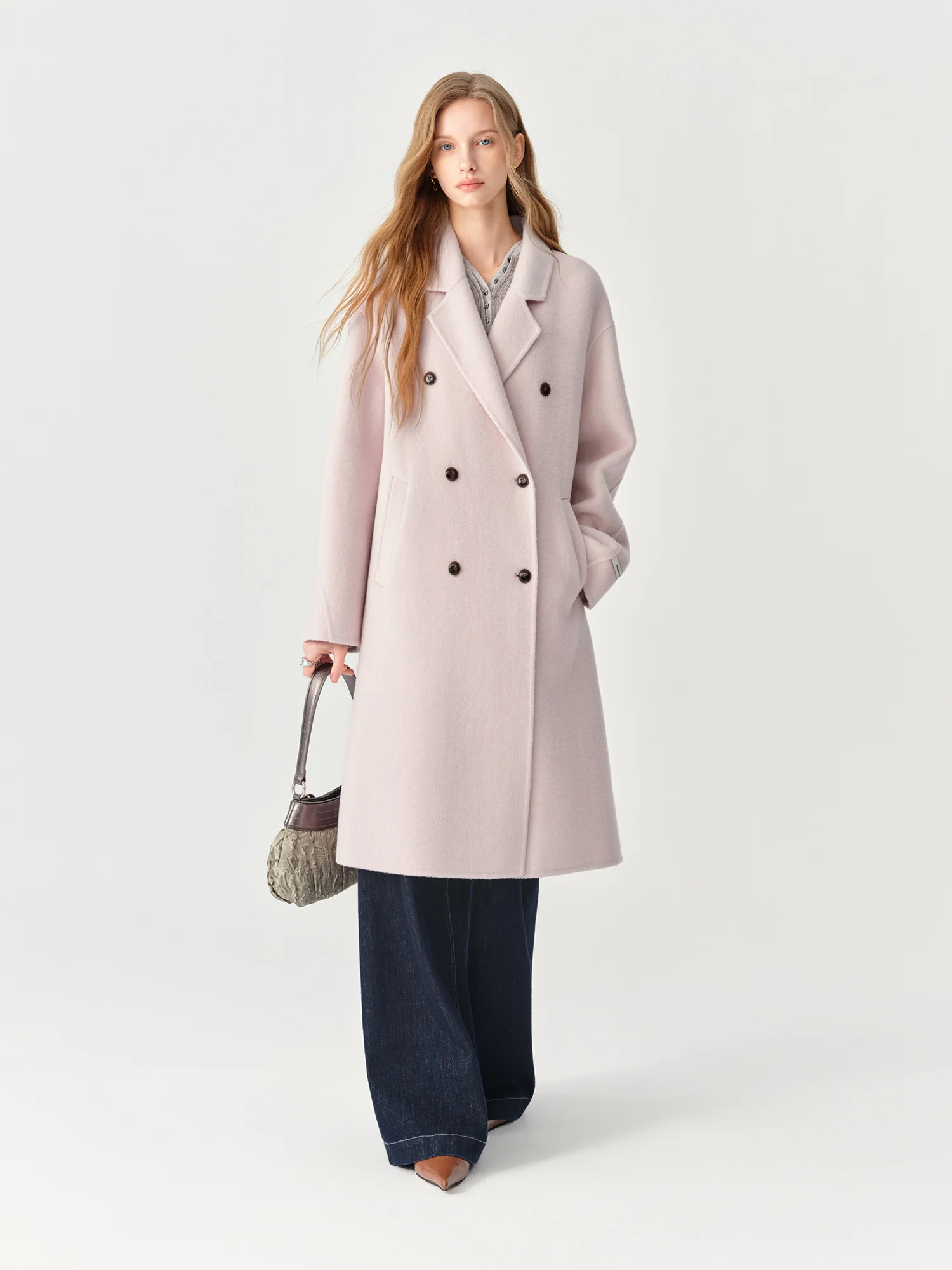 FSLE 2026 Winter Women's Petite Notch Lapel Double-Breasted Wool Coat with Drop Shoulder - Chic Versatile for Daily Wear