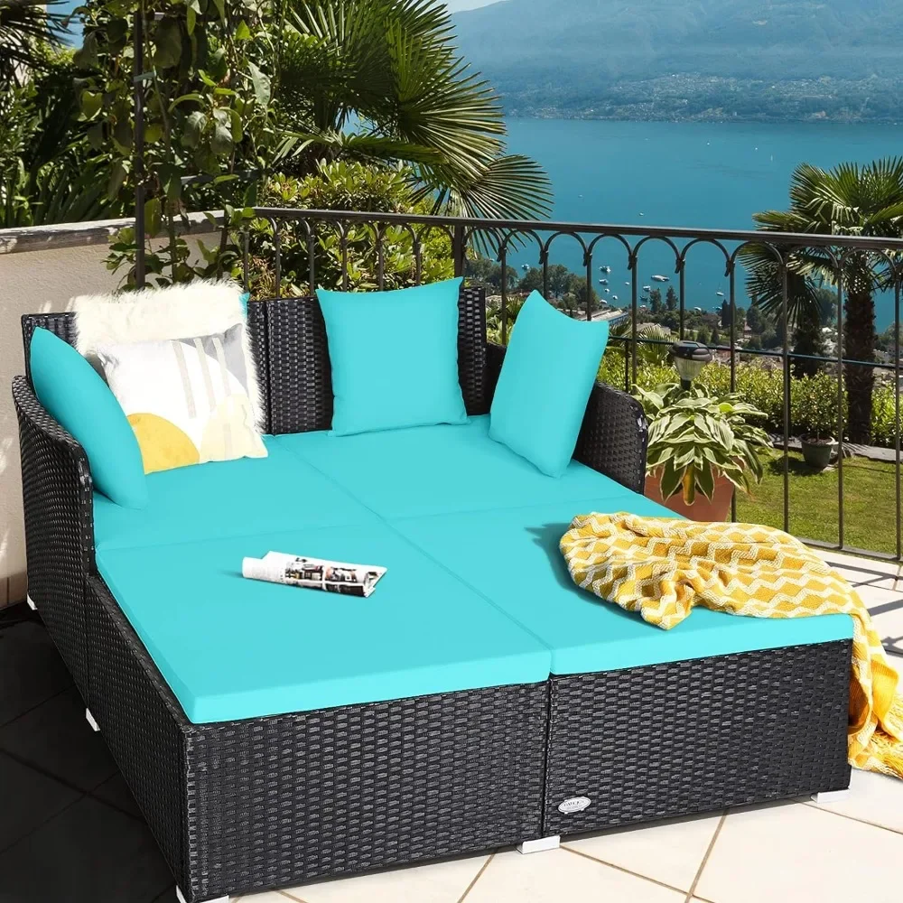 Outdoor Rattan Daybed Patio Loveseat Sofa Set with Padded Cushion Pillows and Sturdy Aluminum Foot, Wicker Patio Furniture