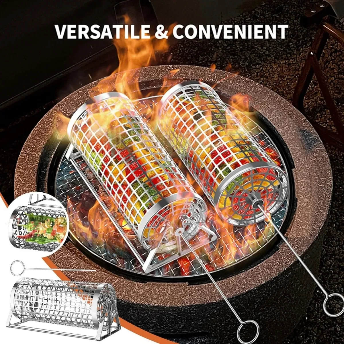 Rolling Grill Basket Round Stainless Steel Rotatable Portable Barbecue Mesh for Vegetables Fruits Meat Multi-role Grill Tools