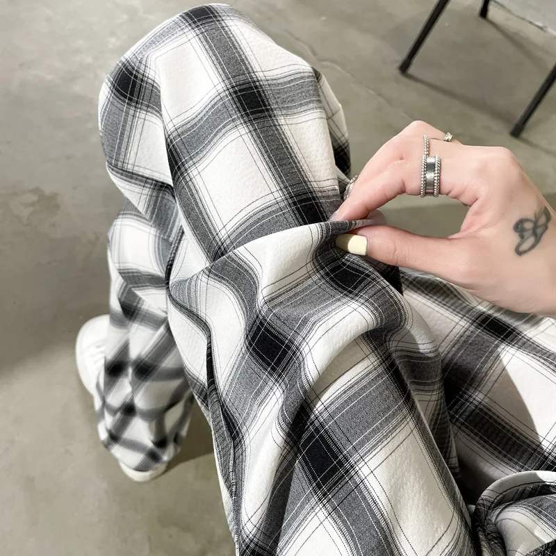 Korean Style High Waist Wide Leg Pants Women Summer Fashon Plaid Casual Loose Pants Y2k Streetwear Harajuku Baggy Pants Woman