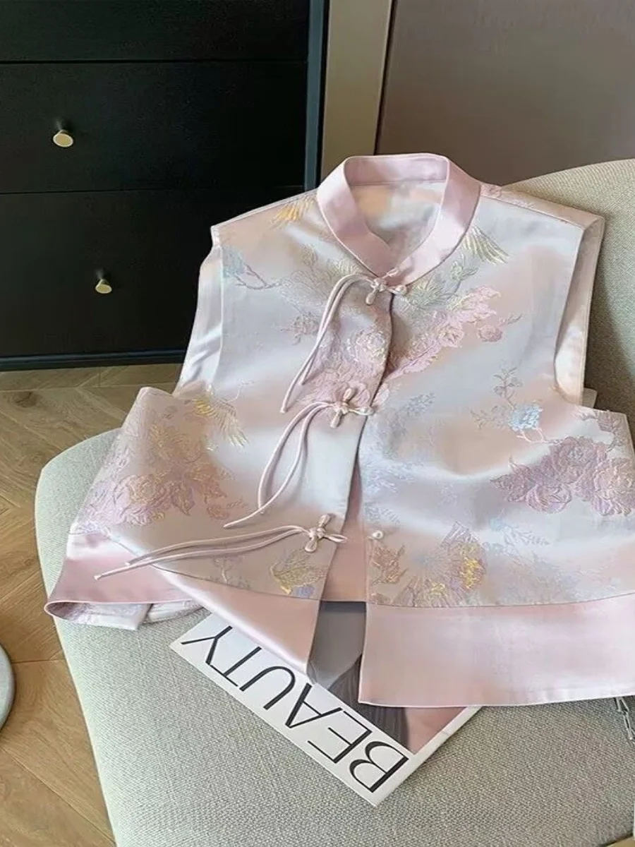 pink-new-chinese-style-embroidered-tassel-button-vest-women's-spring-autumn-high-end-qiange-tang-suit-two-piece-set