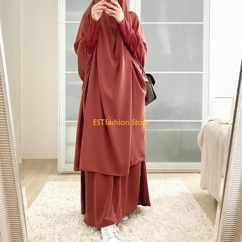 Y5GC Womens 2 Pieces Muslim Prayer Dress Long Sleeve Hijab Scarf Khimar and Skirt Set Islamic Abaya Full Length Kaftan Robe