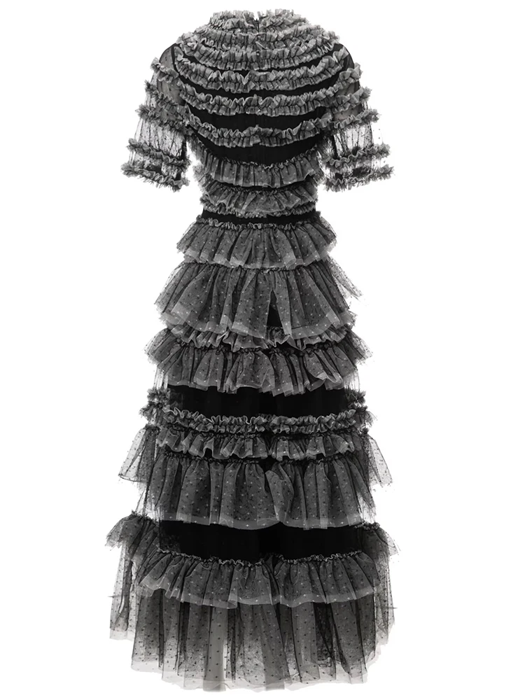 DSXDFACAIRIJ Women's Vintage Mesh Long Dress O-Neck Short Sleeve Layered Ruffles Dot Pattern Summer Party Fashion Female
