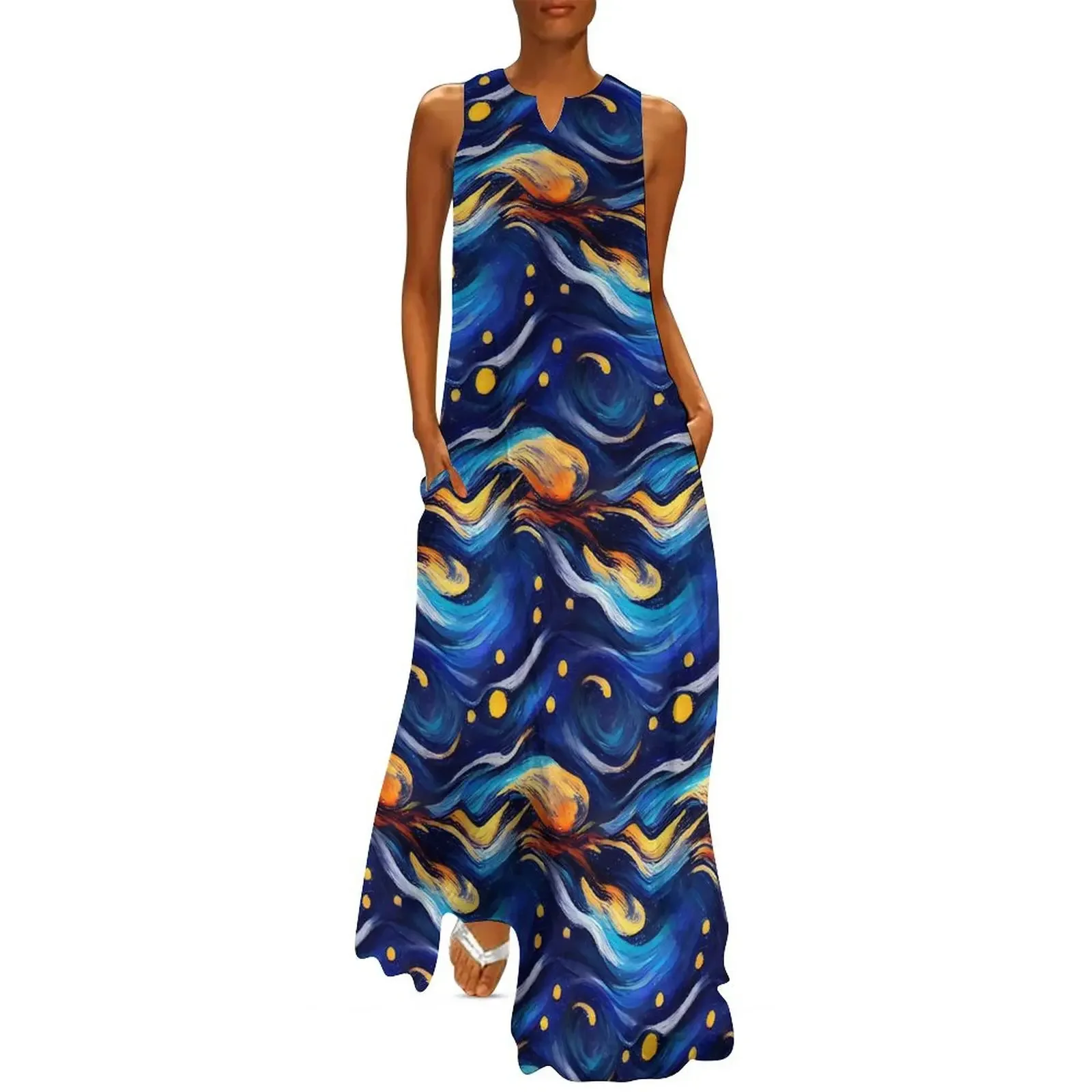 Starry Night Women Dress Abstract Famous Painting Trendy Maxi Dress Street Casual Long Dresses Women V-Neck Sleeveless Vestidos
