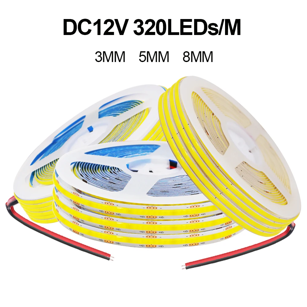 3MM 5MM 8MM COB Strip DC5V 12V 320Leds/M FOB taśma LED ciepłe naturalne zimne białe elastyczne wstążki sznur oświetleniowy lampa podświetlenie TV