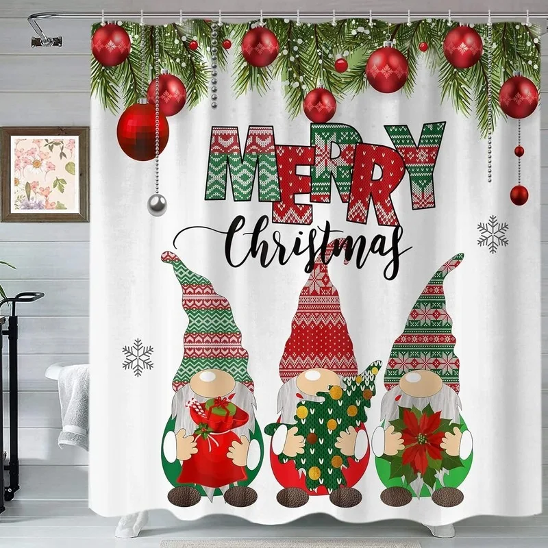 Knitted Pattern Christmas Gnome Pine Branch Snowflake Shower Curtain Bathroom Decor No Drilling Set Includes 12 Hooks