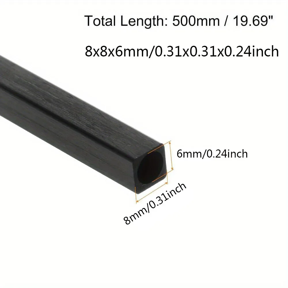 1/2/3 Stück Kohlefaser-Vierkantrohr, Kohlefaserstab, 2–10 mm Außendurchmesser, Verstärkungsstab, hohe Festigkeit, Länge 500 mm
