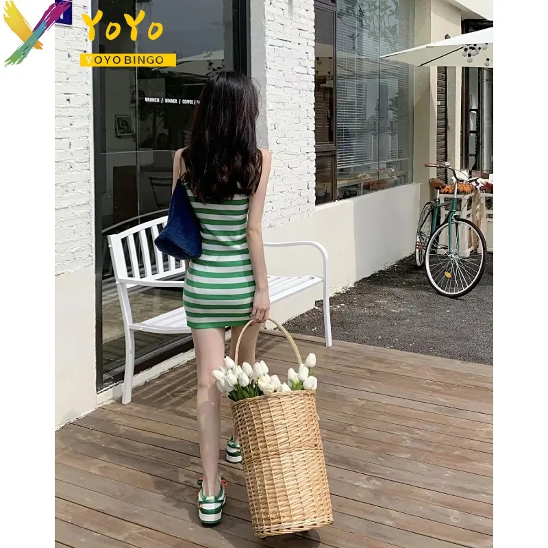 Sexy Stripe Love Knitted Spaghetti Strap Pencil Dress for Women's 2024 New Fashion Elegant Slim Bodycon Nightclub Sweater Dress