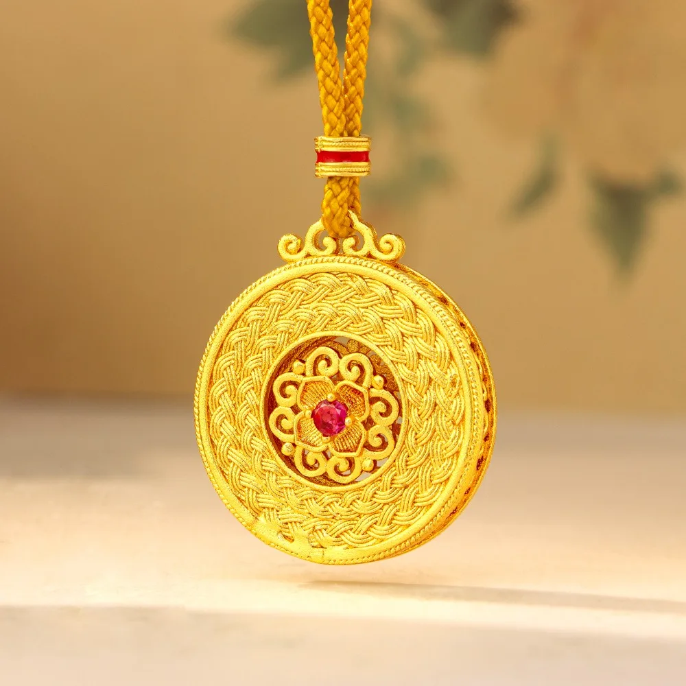 Rose red point diamond silk wishful compass pendant new Chinese fashion hollow pendant 9999gold